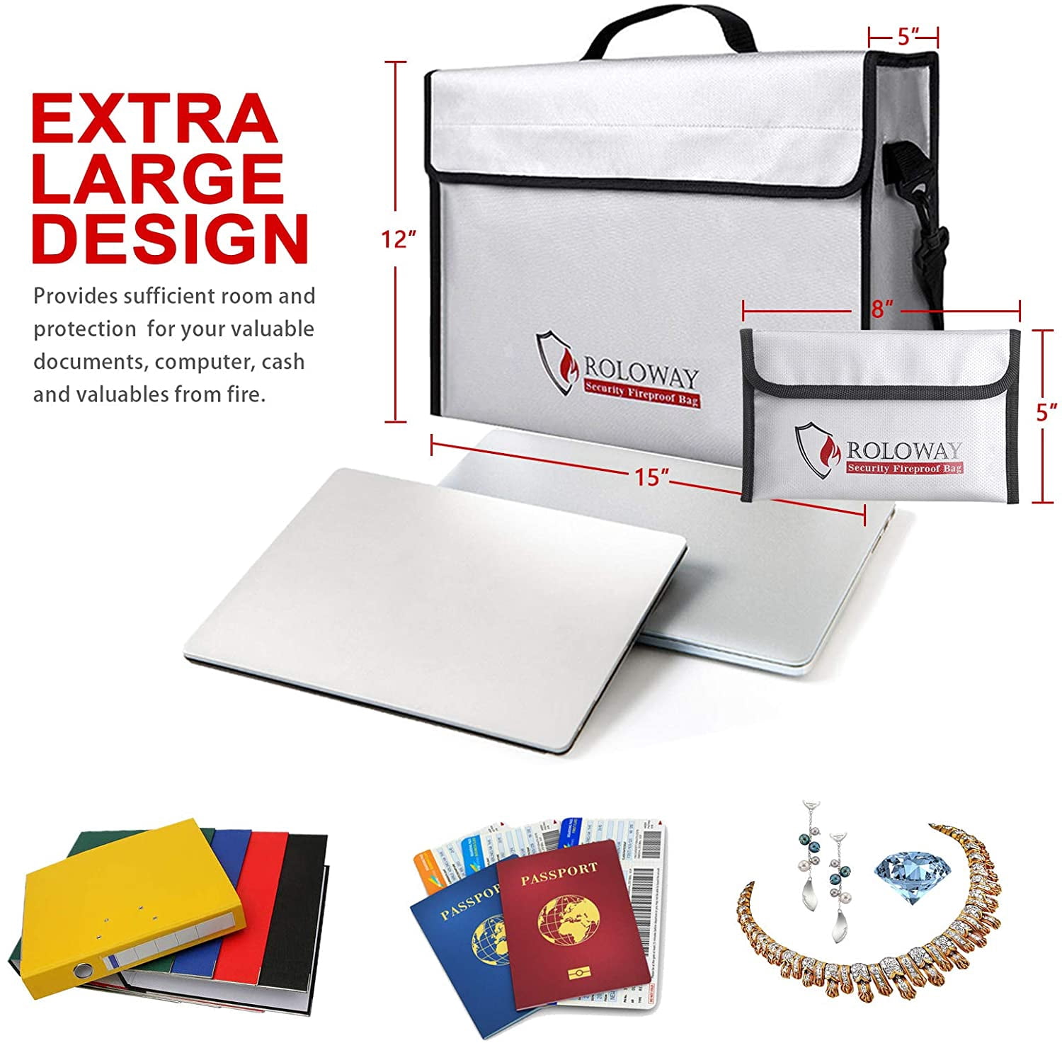 ROLOWAY Fireproof Document & Money Bags, Large Fireproof & Water Resistant Bag (15 x 12 x 5 inches), Fireproof Folder Safe Bag for Cash, Valuables & Passport, with Silicone Coating & Zipper Closure