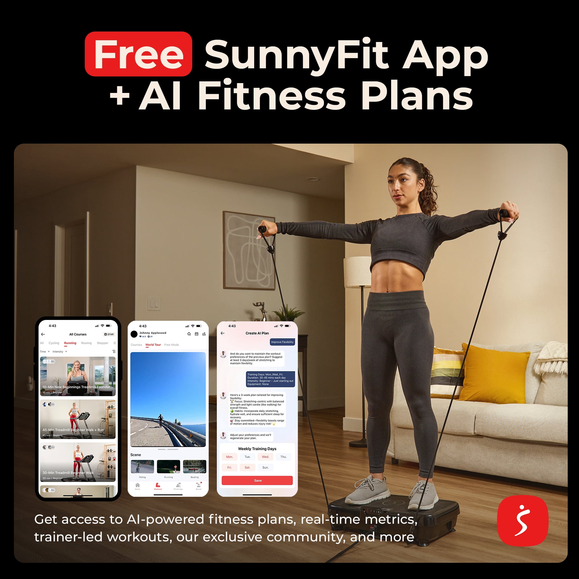 Sunny Health & Fitness 2D Vibration Plate Exercise Machine for Full Body Toning with 99 Speeds and Resistance Bands - SF-VP822056