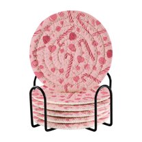 6 Pcs Drink Coasters with Holder 3.94in Woven Coasters for Drinks Pink Candy Cane and Strawberry Coaster Set for Protection Table