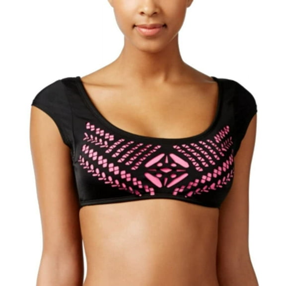 Bikini Nation Women's Laser-Tag Two-Tone Cropped Bikini Top, Black, Medium