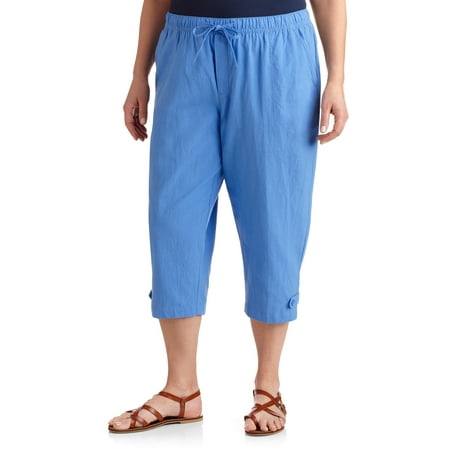 Women's Plus-Size Woven Pull-On Capris with Tab Detail - Walmart.com