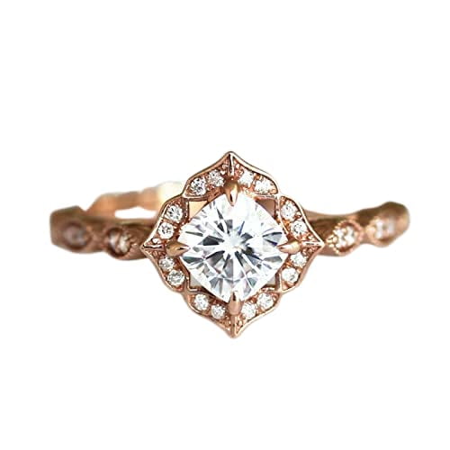 HeartsAndYou 2ct Cushion Cut Moissanite Vintage Inspired Halo Engagement Ring for Women 18k Rose Gold over Silver