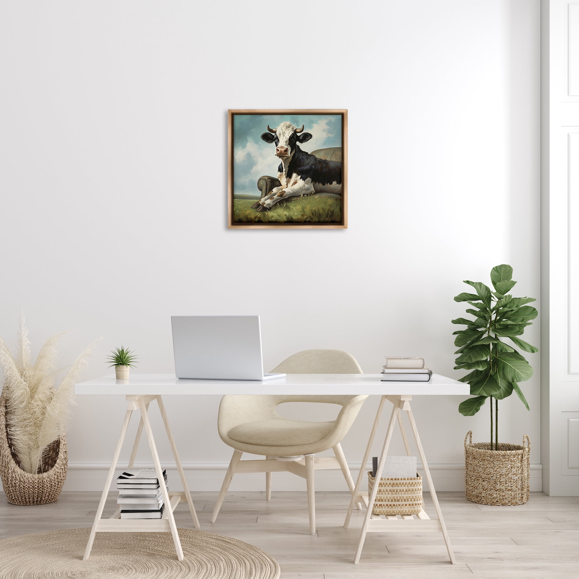 Stupell Industries Cow on Country Couch Animals & Insects Painting Brown Floater Framed Canvas Art Print Wall Art, 25 x 25