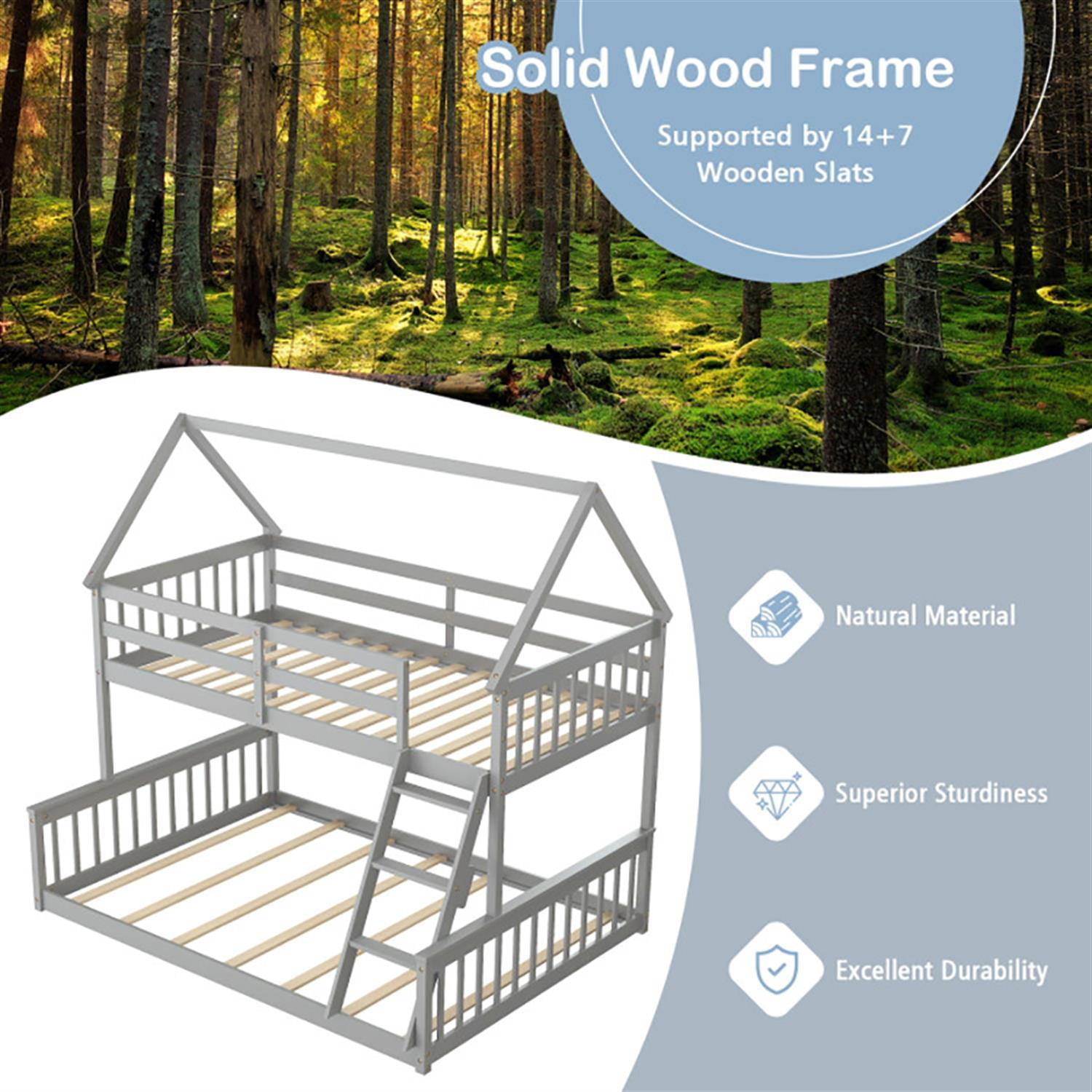 Demi Bonn Twin Over Full Bunk Bed with Ladder and Guardrails, House Twin Bunk Beds, Bed Frame, Gray