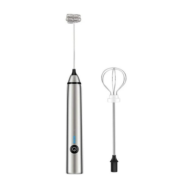 Milk Frother, Frother Baguette, Fouet Électrique Portatif Rechargeable 3 Vitesses Réglables, avec 2 Fouets en Acier Inoxydable, Mousseur Électrique, Boisson pour Cappuccino Matcha, Argent