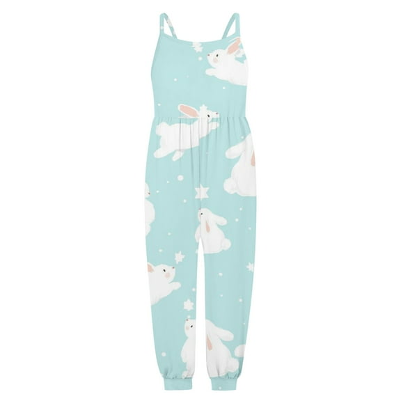 VNKIDY Kids Girls Casual Rabbit Print Spaghetti Strap Jumpsuit Smocked Waist Tapered Legs Romper For Spring Summer Daily Wear 9-10 Years Green