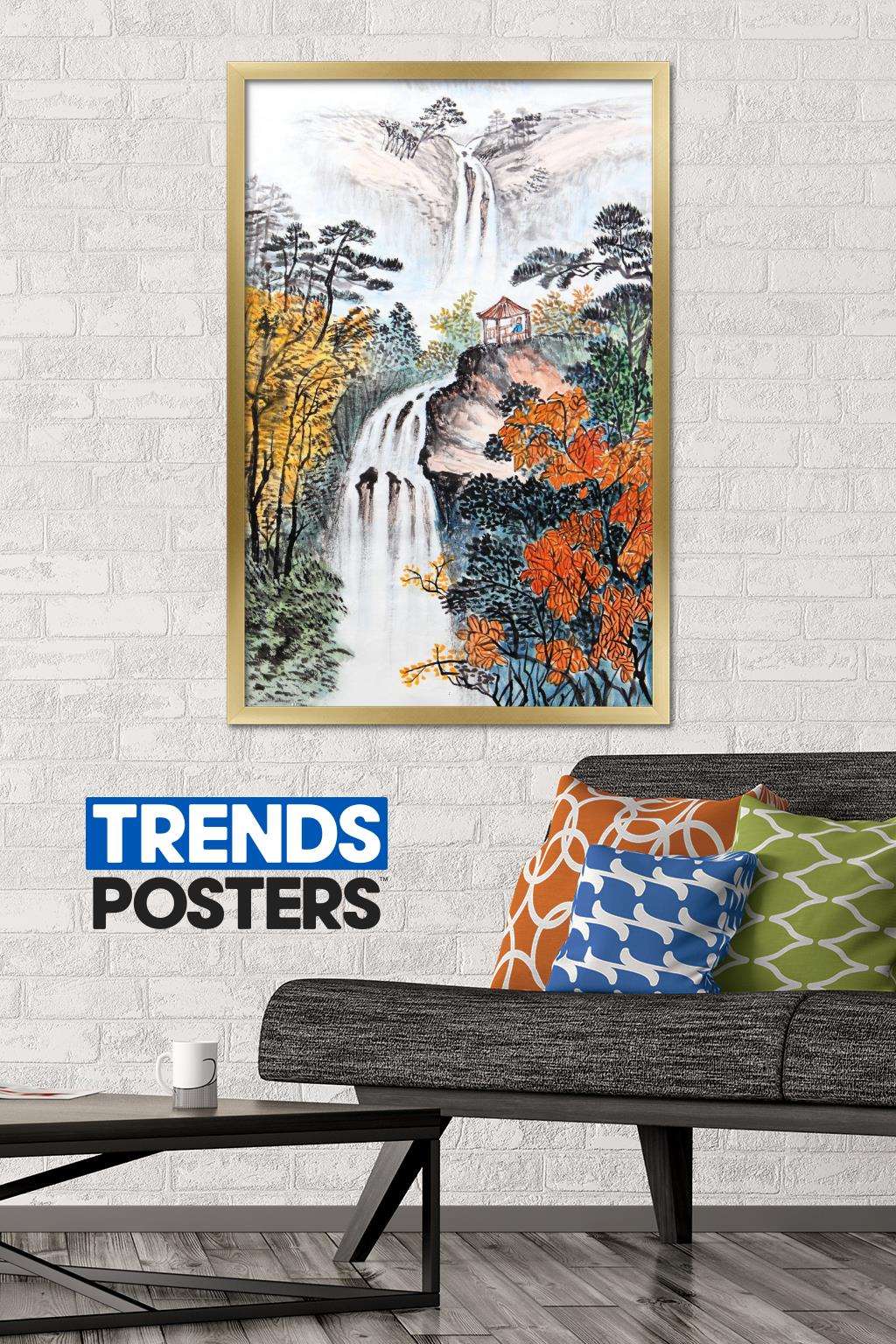 China Landscape with Waterfalls Wall Poster, 22.375" x 34", Framed