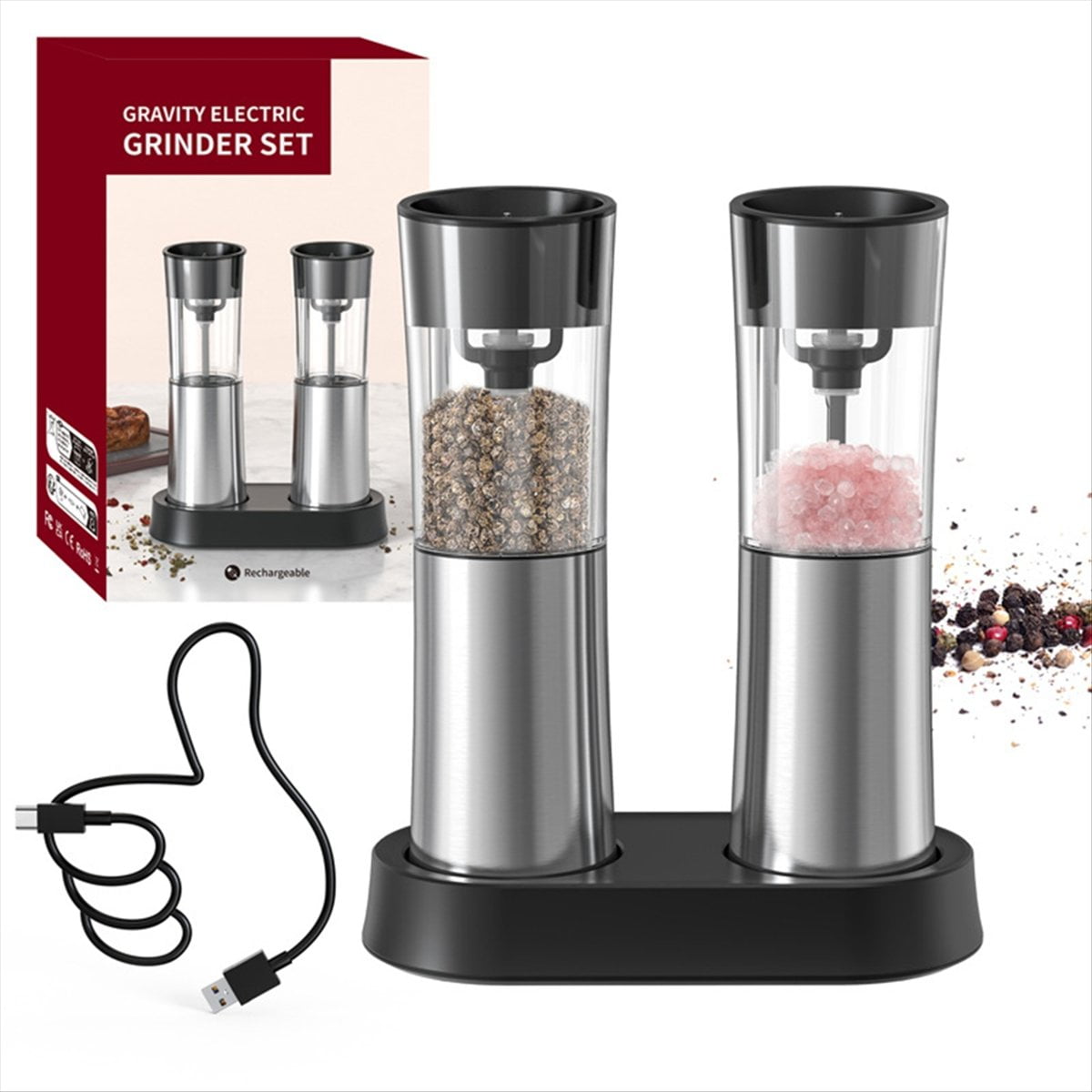 Electric Salt and Pepper Grinder Set Rechargeable Automatic Grinder with Charging Base LED Light, Adjustable Coarseness