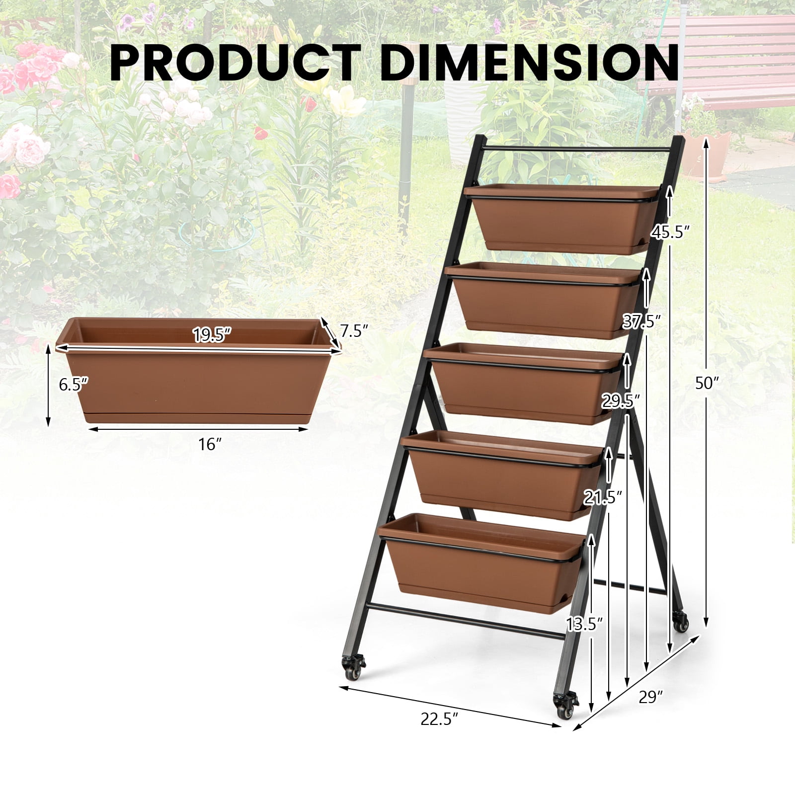 Patiojoy 5-Layer Vertical Raised Garden Bed with Wheels Drainage Holes Freestanding Planter with Container Boxes Brown
