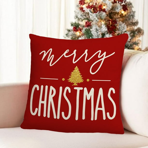 Peach Print Christmas Pillowcase Christmas Tree Elks Pillowcase Sofa Bedside Cushion Cover Size 17.7 X17.7 Inches
