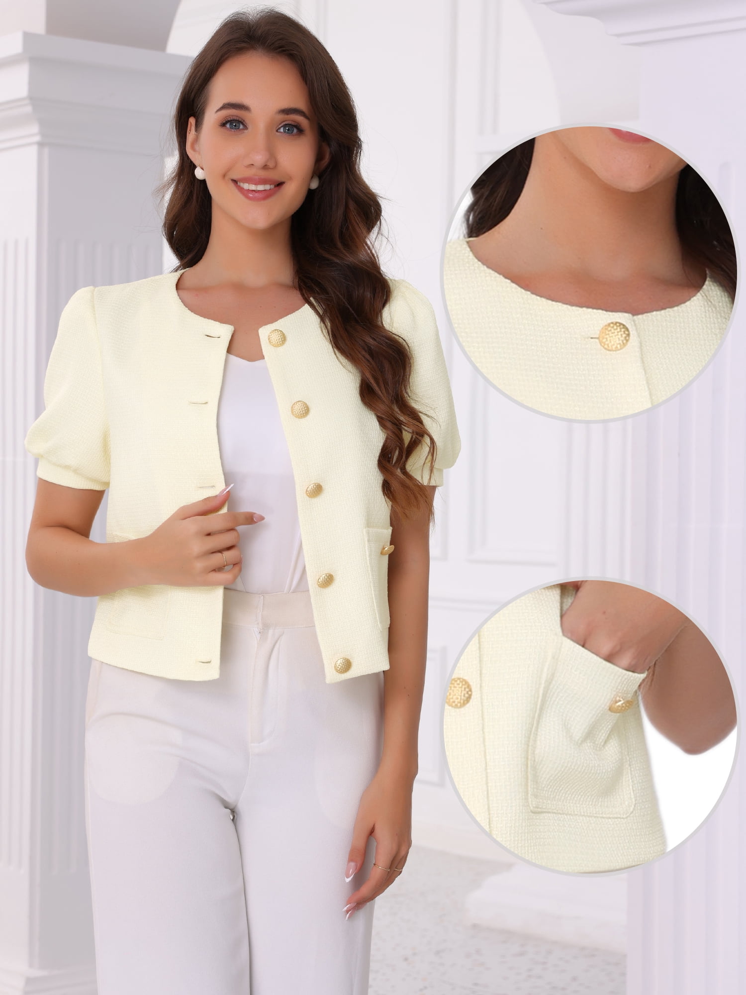 DARING DIVA Cropped Tweed Puff Short Sleeve Crew Neck Office Blazer XL Beige