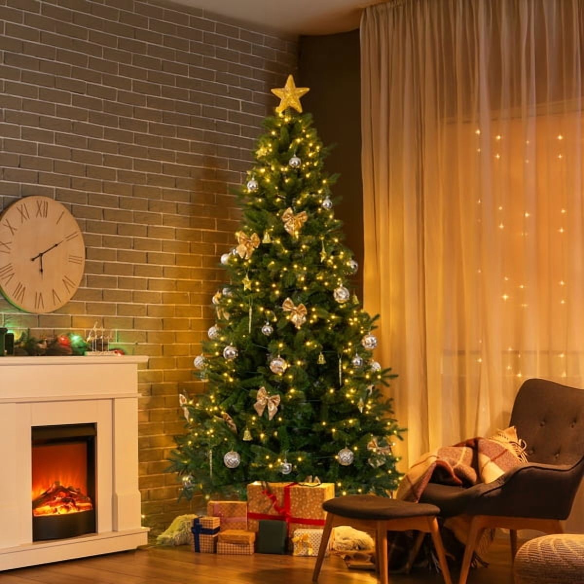 7.5FT Pre-Lit Christmas Tree - 950 Branch Tips 400 Warm White LEDs Golden Ornaments + Tree Skirt Included for Home/Office