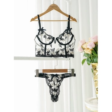 Black Floral Embroidery Bustier Straps Lingerie Set (BLACK, S)