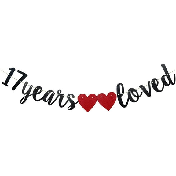 17 Years Loved Banner,Pre-Strung, Black Paper Glitter Party Decorations For 17TH Birthday Decorations 17TH Wedding Anniversary Day Party Supplies Letters Black