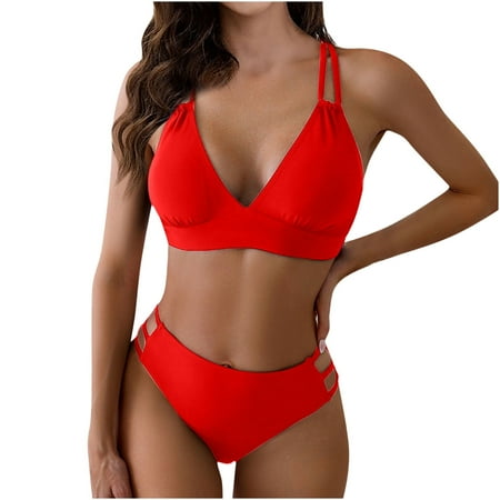 Summer Savings 2024! Abomasnow Women s High Waisted Bikini Sets Cutout V Neck Strappy Two Piece Swimsuit Tummy Control Bathing Suits Cheeky Swimwear