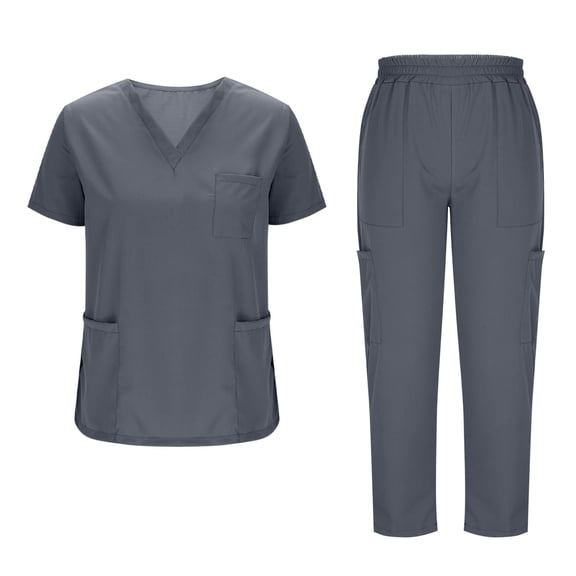 Women and Man Scrubs Set Cooling V-Neck Top with 3 Pockets and Cargo Full Length Pants Medical Uniform Suits