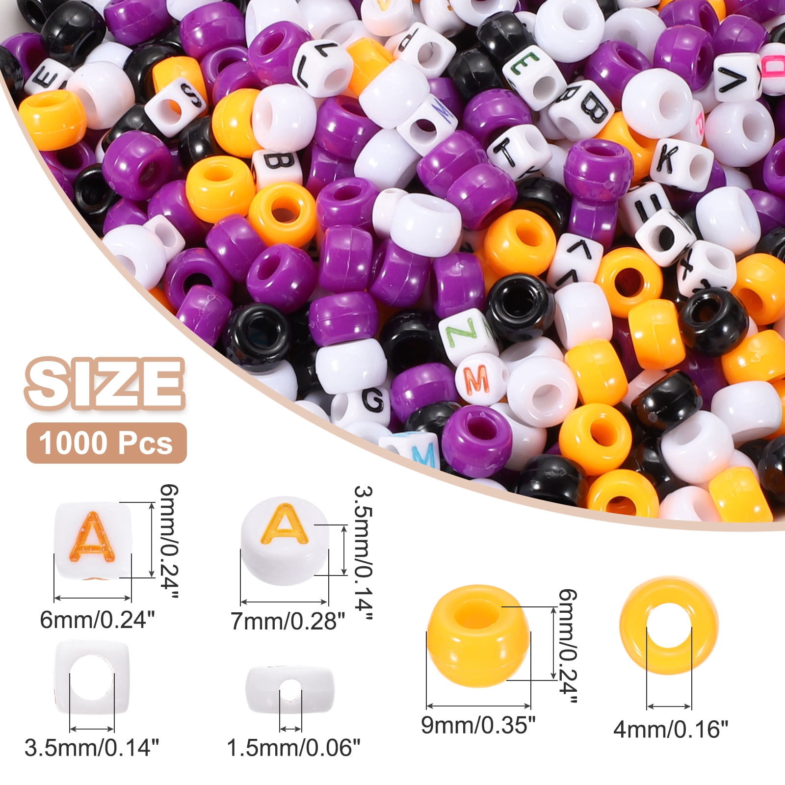 Uxcell 1000 Pcs Pony Beads 6 x 9 mm Acrylic Friendship Bracelet Making Kit with Letter Bead, Black/White/Orange/Purple