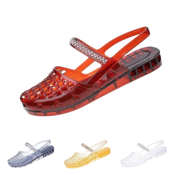 Jelly Sandals for Women, Stylish Transparent Jelly Shoes Comfortable Breathable Mesh Closed Toe Slip on Beach Slides with Rhinestones Strap, 36