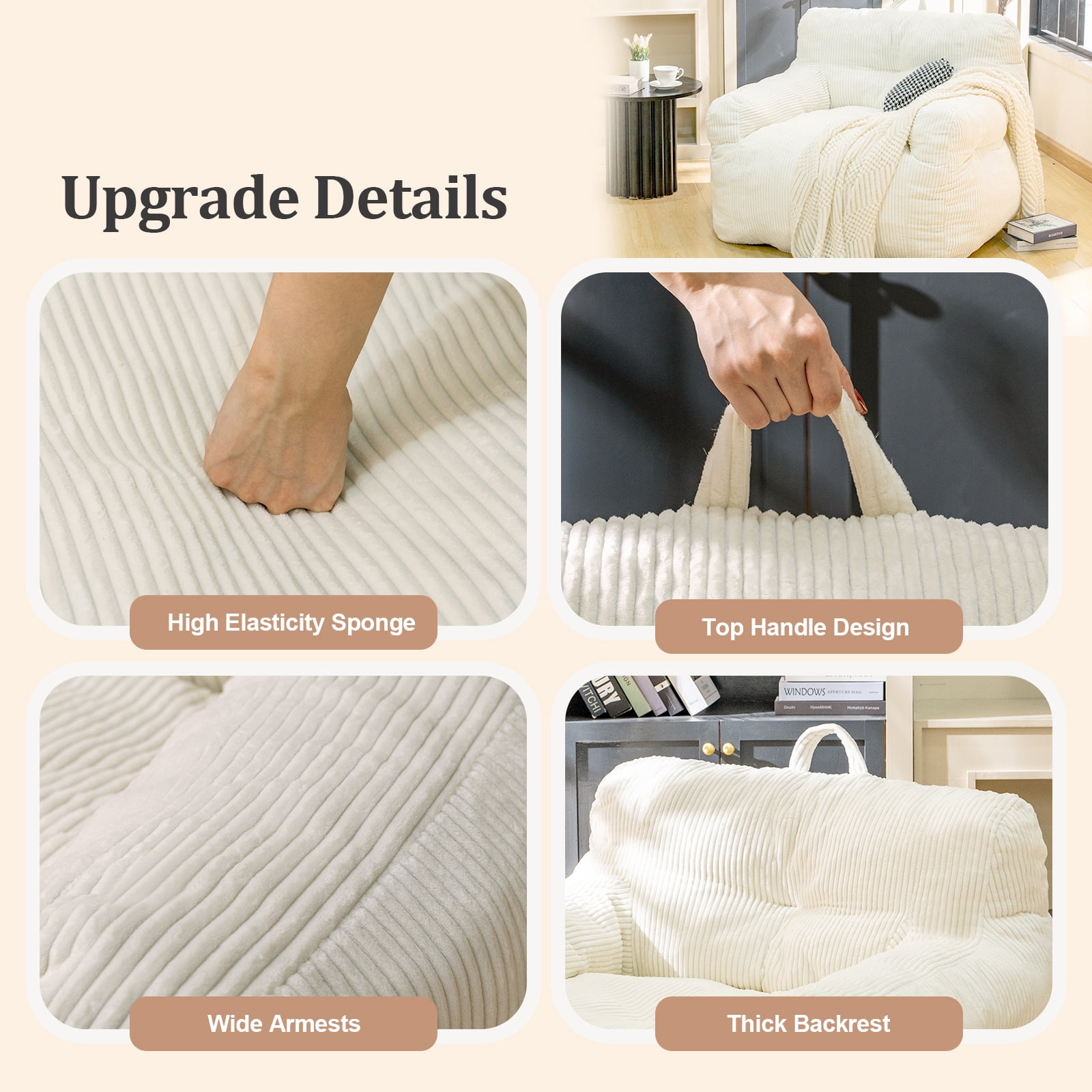 MIERES Large Bean Bag Chair for Adults & Kids, Giant Bean Bag Couch, Comfy Reading Chair with Armrests, Soft Cozy Chair for Bedroom, Lounge Sofa for Gaming, Napping & Relaxing, White