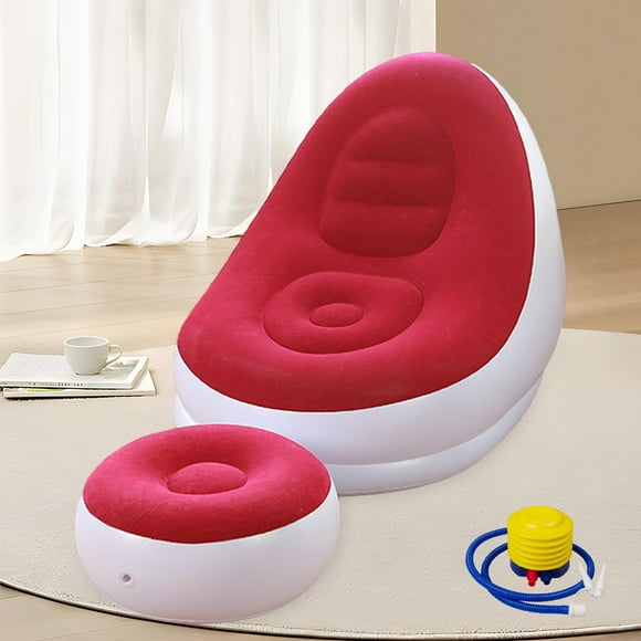 Sillón reclinable inflable con taburete redondo para adultos, moderno sofá perezoso para patio, playa, sala de juegos al aire libre Rojo