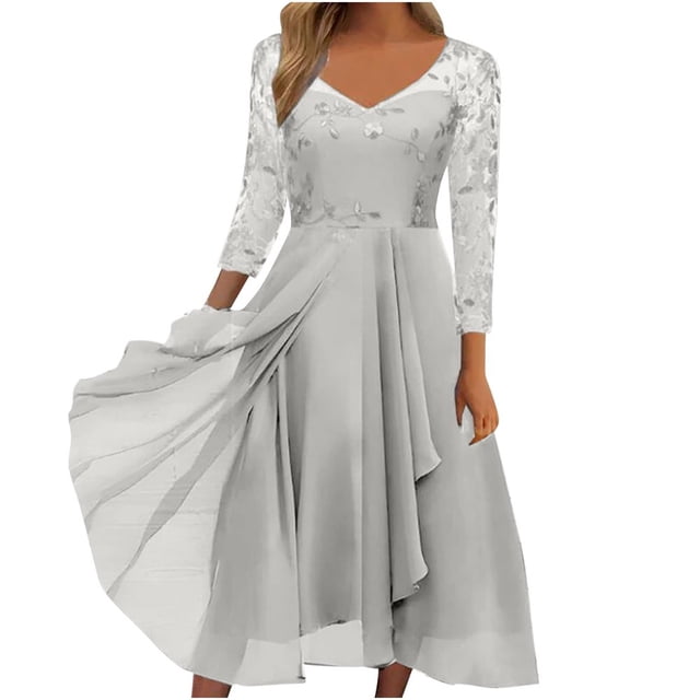 QJUHUNG Robe Midi Formelle pour Femmes Soirée Été Col en V Manches Courtes T-Shirt Soirée Invité de Mariage Style Asymétrique B-8 Cocktail Gris_i L