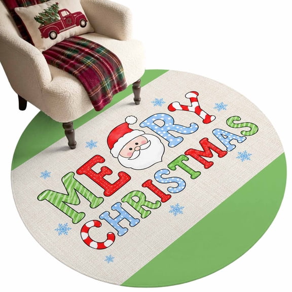 Merry Christmas Washable Round Area Rug 7 ft, Boho Cute Santa Face Stars Beige Green Soft Non‑Slip Rugs Stain Repellent Indoor Mats for Large Living Room, Dining‑Room, Open‑Plan Space