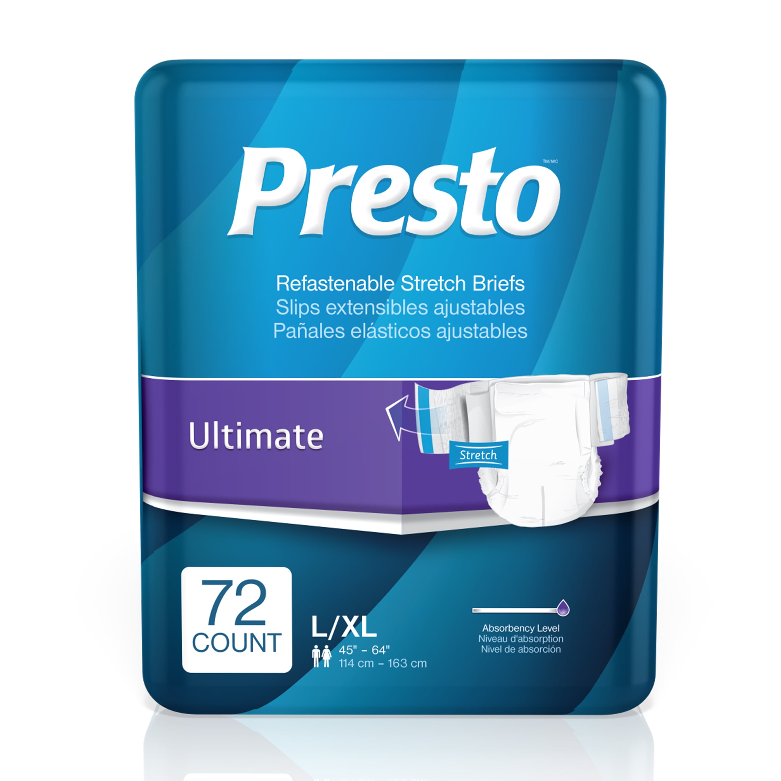 Presto Ultimate Absorbency Stretchable Incontinence Diapers/Briefs for Women and Men- Adult Diapers, Disposable, Large/X-Large - 72 ct (4 bags of 18)