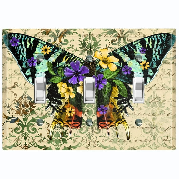 Metal Light Switch Plate Cover Colorful Floral Butterfly Green Damask BUT028