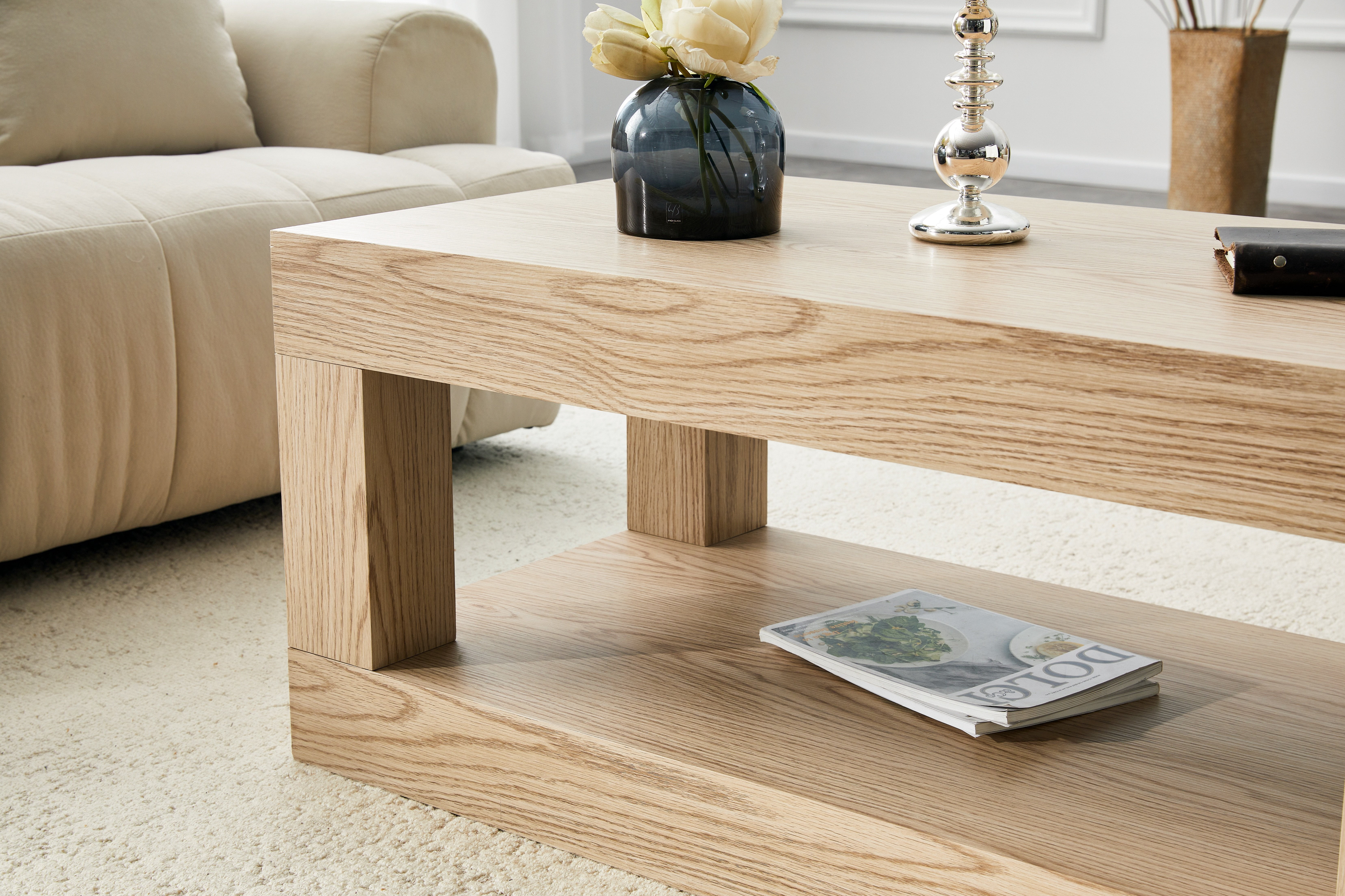 FFZ Modern 2-Tier Coffee Table with Open Storage Shelf, MDF, Wood
