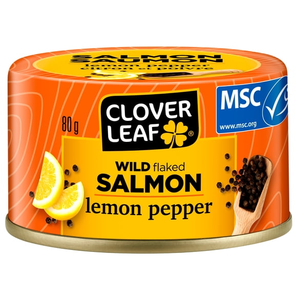 Clover Leaf Wild Flaked Salmon - Lemon Pepper 80g, MSC Certified, 100% Preservative-Free, Canned Fish. Gluten Free.