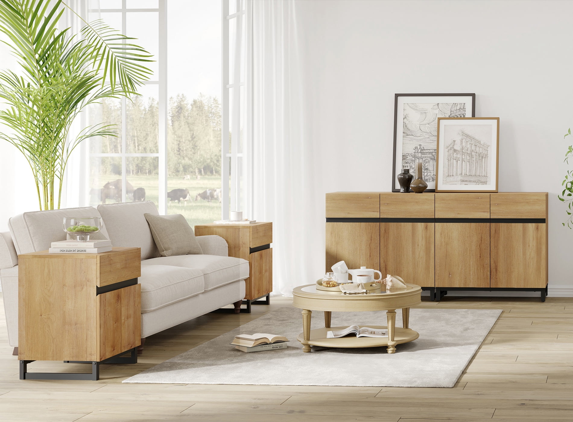 Modern 3-Piece Living Room Set – 63" TV Stand + 2 End Tables with Drawers, Entertainment Center with Storage Cabinet for Living Room,Oak