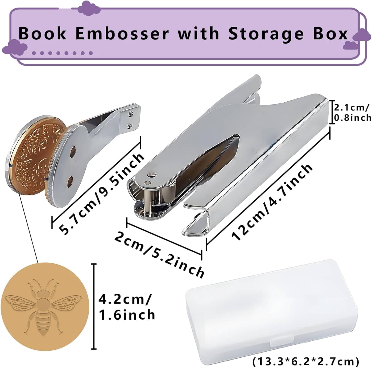 Bee Embossed Stamp Book Ex Libris Library 1.6in Stainless Steel Seal Stamper Hand Held Embosser Bookish Teacher Notary for Official Graduation Gift Envelopes Wedding Invitation Paper Napkin Gray