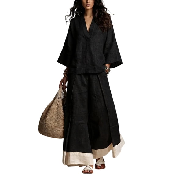 Iyufng Women's Summer Outfits 3/4-Sleeve V-Neck Top and Pants Set Relaxed and Casual 2 Piece Sets
