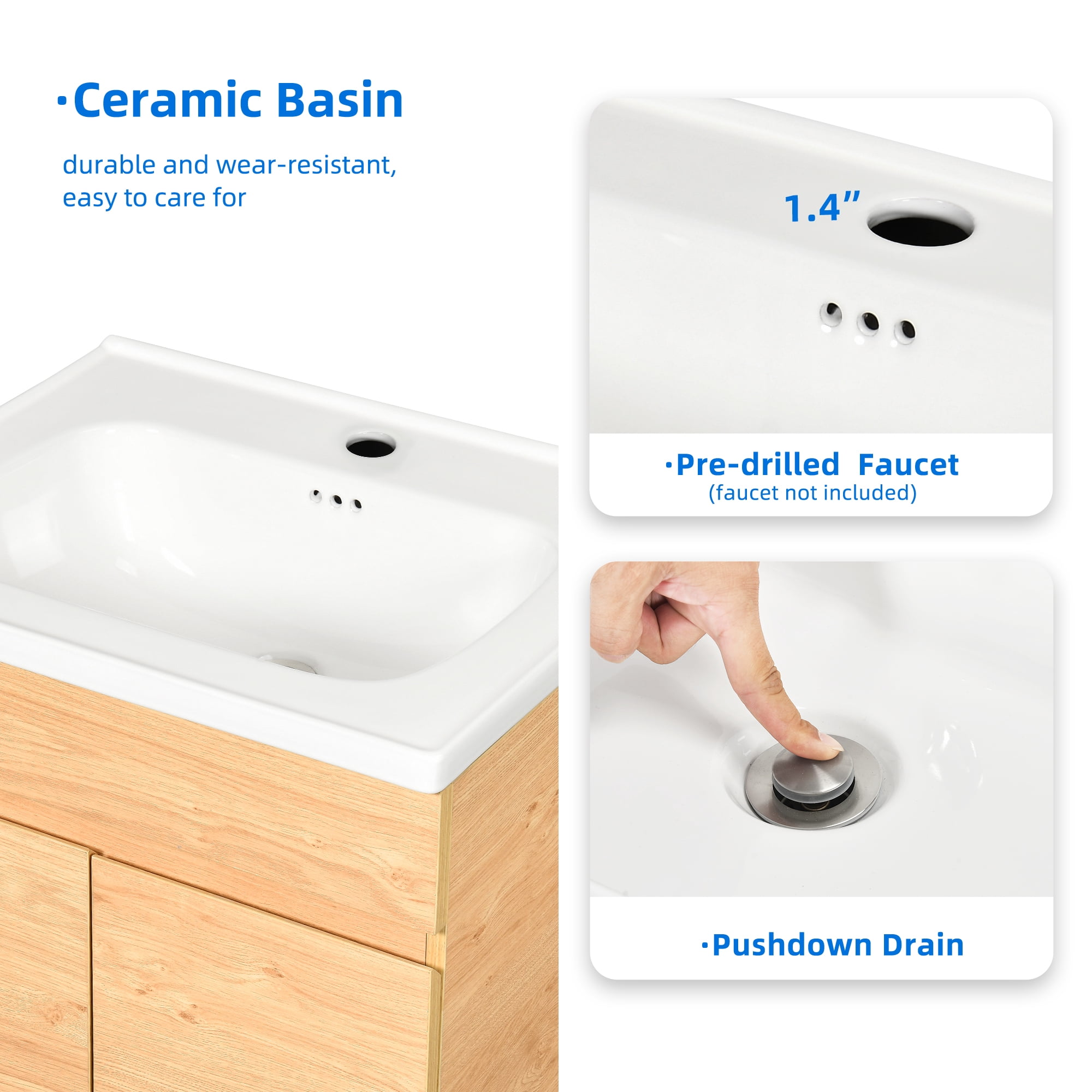 Dextrus 24 Inch Bathroom Vanity with Undermount Sink, Free Standing Bathroom Storage Cabinet with Drain, Oak