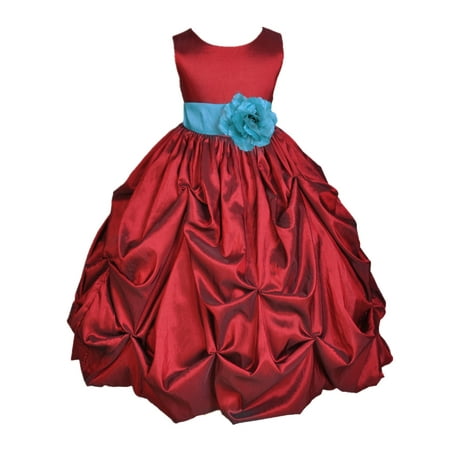 Apple Red Satin Taffeta Pick-up Bubble Formal Flower Girl Dress 301S