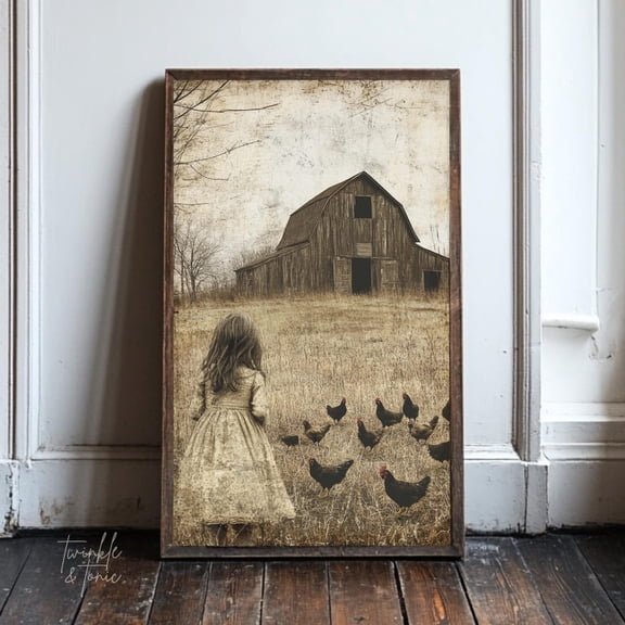Vintage Little Girl With Chickens Art Print Rustic Nursery Wall Dã©Cor Antique Farm Scene Moody Country Design UNFRAMED Poster, Wall Art for Decor, Present, 8x12