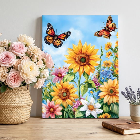 Sunflower Butterfly Canvas Wall Art, Watercolor Daisy Floral Pictures Wall Decor Wooden Framed Artwork Art Prints for Living Room Hallway Bedroom Office 16"x20"