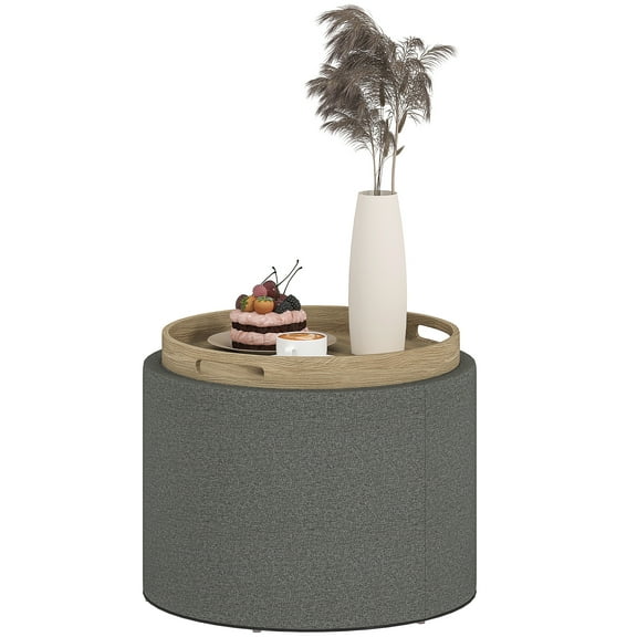 HOMCOM Round Storage Ottoman Coffee Table with Flip Top Tray, Dark Gray