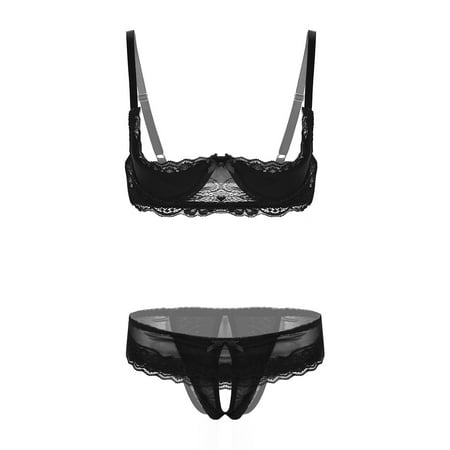 Sxiwei Women s Sheer Lace Lingerie Set Spaghetti Straps Quarter Cups Bra Tops Mini Briefs Underwear Black M