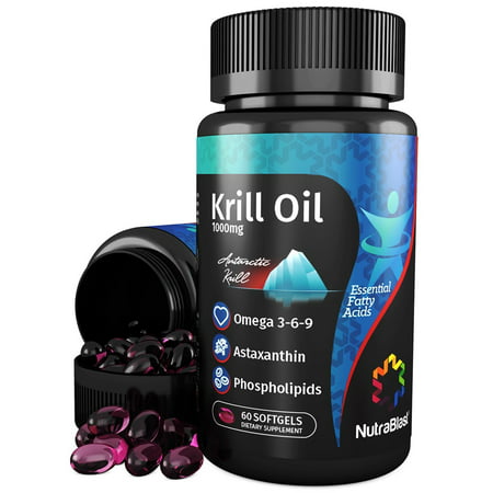 NutraBlast Krill Oil 1000mg Essential Fatty Acids Omega 3-6-9, Astaxanthin and Phospholipids, 60