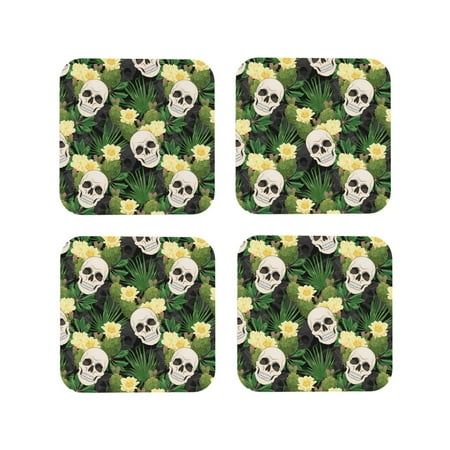 

Drink Coasters Set of 4 skull Cactus blooming Leather Coasters for Coffee Table Protector Heat Resistant Cute Coasters for Home Decor Housewarming Gifts Bar Kitchen 4 Inch Square