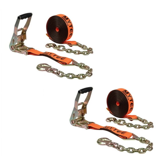 2 Pack 2"x30' Orange Ratchet Strap with Chain Anchor - 4000 Lbs WLL High Abrasion Heavy Duty Tie Down Cargo Truck Straps with Chan Anchor for Flatbed, Truck, Trailers, Pickup