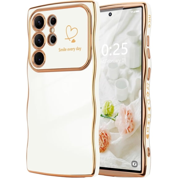 MYKOMI for Samsung Galaxy S23 Ultra Case for Women Girls, Cute Wave Frame Curly Shape with Love Heart Raised Camera Protection Luxury Plating Shockproof Phone Case for Galaxy S23 Ultra 5G