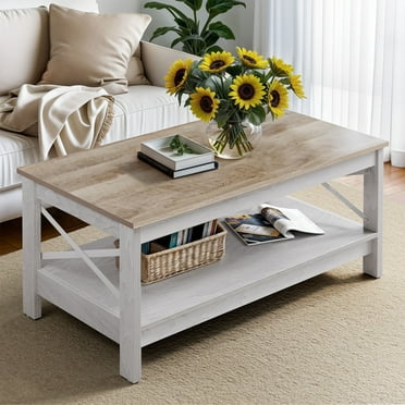 Wooflex 2-Tier Rectangle Rustic Wood Coffee Table with Storage Shelf for Living Room & Home Office