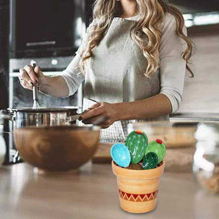 Cactus Measuring Cups And Spoons Set, Cactus Measuring Spoons Set In Pot, Cute Cactus Shape Measuring Spoons And Cups With Base For Women, Plant Lov