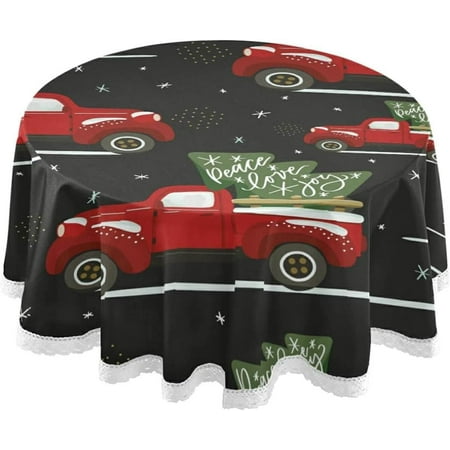 SKYSONIC 60" Christmas Truck Tree Round Tablecloth Snow Winter Holiday Table Cloth Cover Mat Washable Polyester Dining Decorative for Holiday Home Picnic Party Wedding