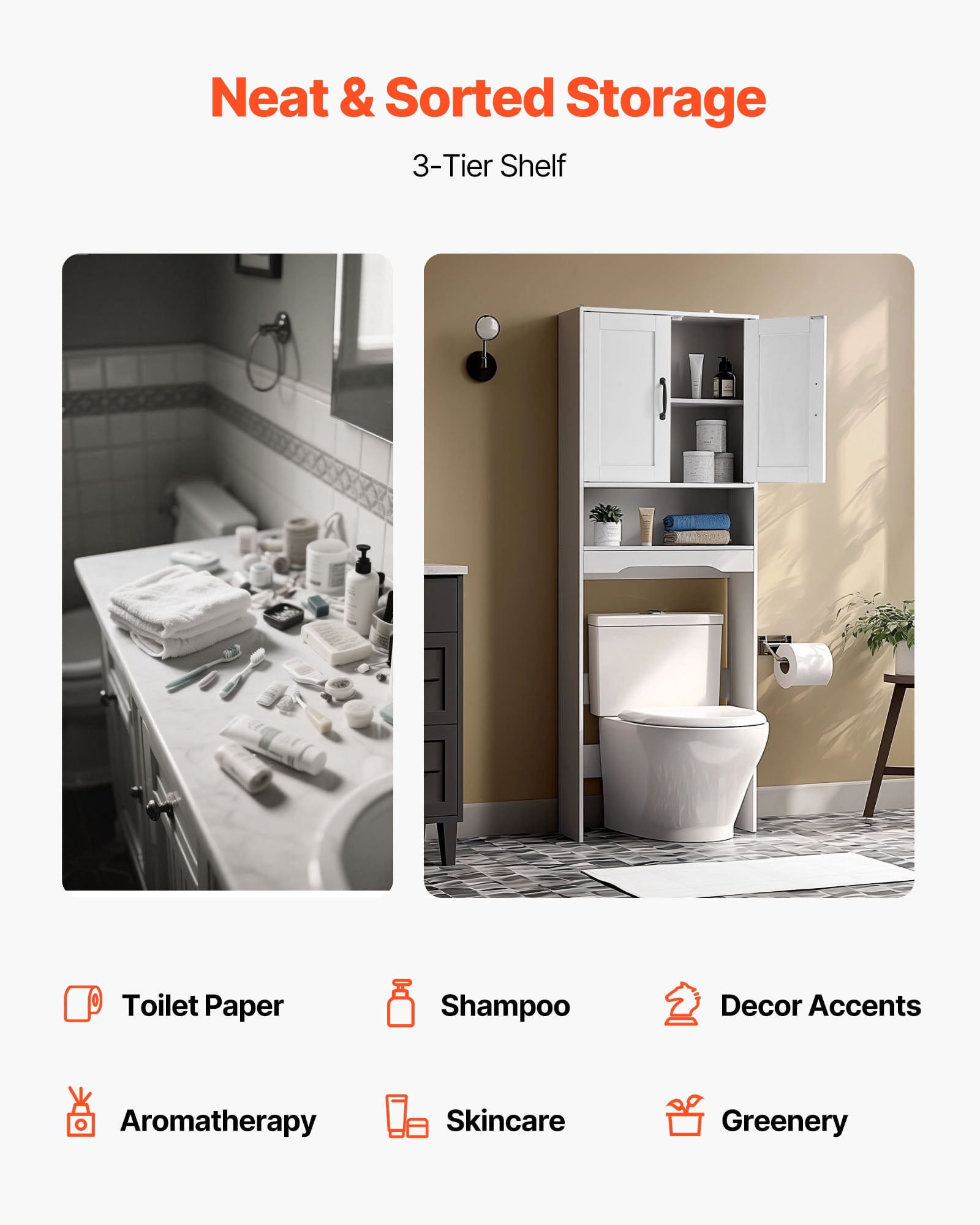 VEVOR Over The Toilet Storage Cabinet, 65 in Height Bathroom Storage Organizer with Double Door and Adjustable Shelf, Bathroom Space Saver Organizer Above Toilet with Open Shelf, White