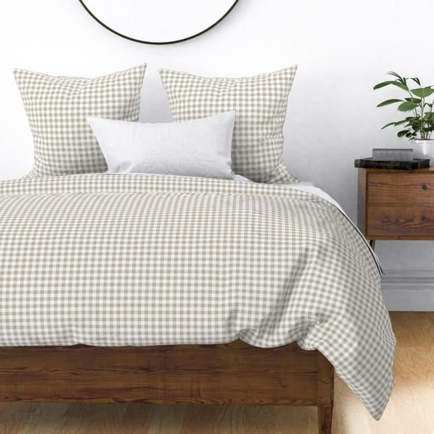 Beige Gingham Tan White Neutral Check Plaid Sateen Duvet Cover By