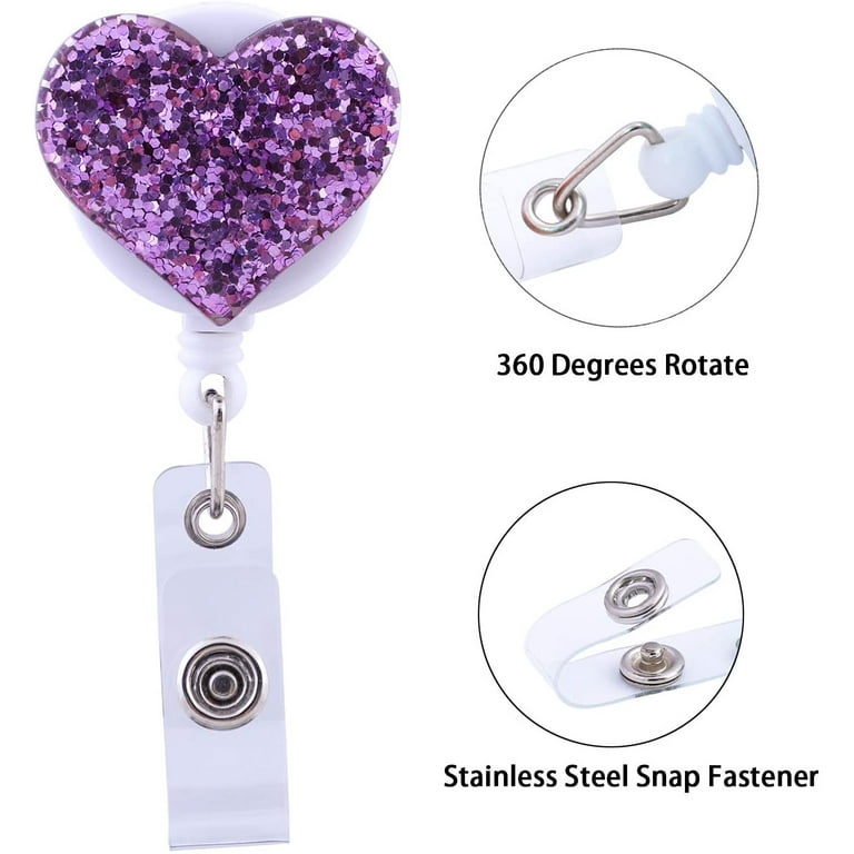 28'' Retractable Badge Reel with Belt Clip, Glitter Love Heart Nurse ID/Name  Badge Holder 1 Pack (Purple) 