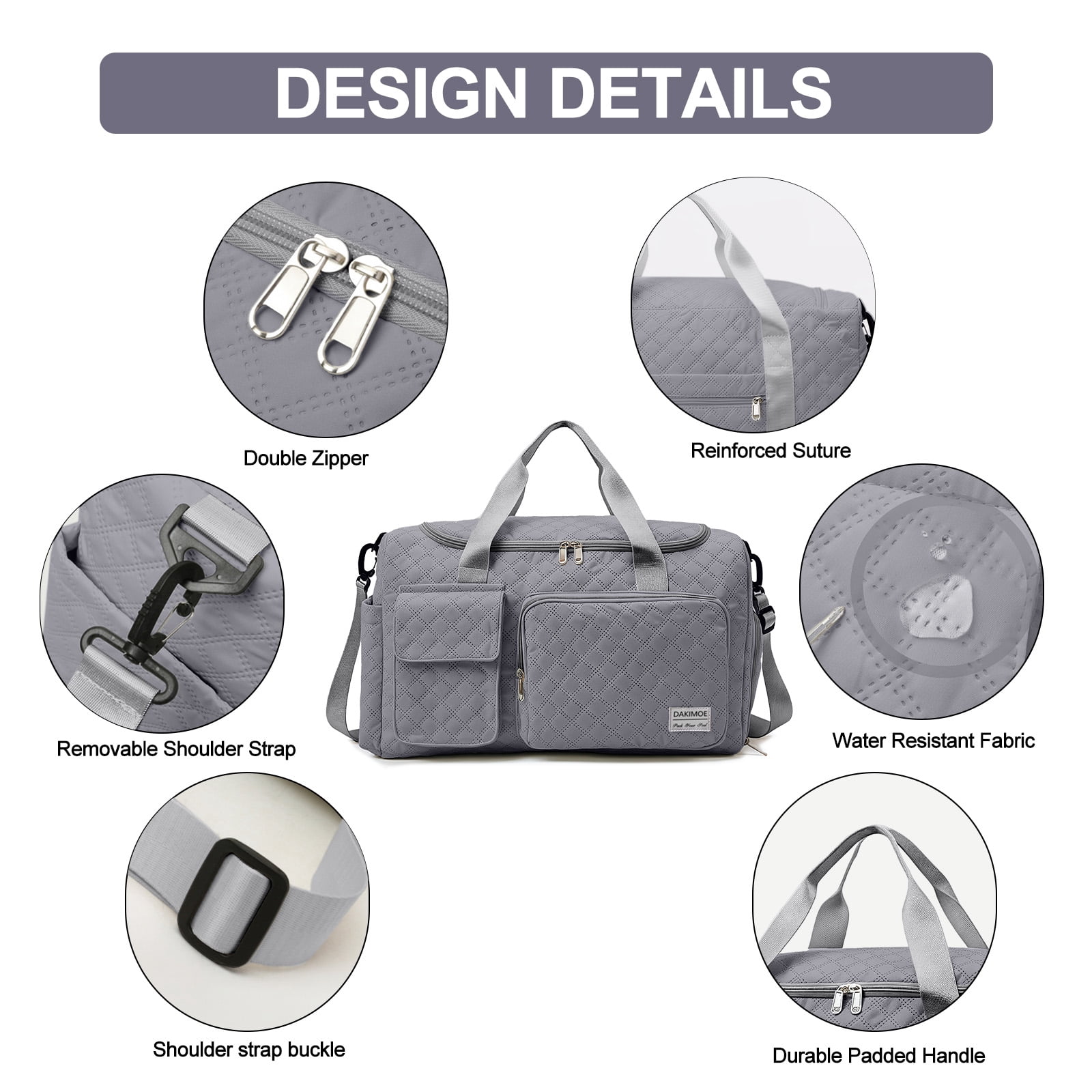 DAKIMOE Travel Duffle Bag for Women Men, Weekender Overnight Bags Carry on Gym Bag with Wet Pocket/Adjustable Strap/Shoe Compartment, Foldable Waterproof Duffel Tote for Plane Sports Dance, Gray